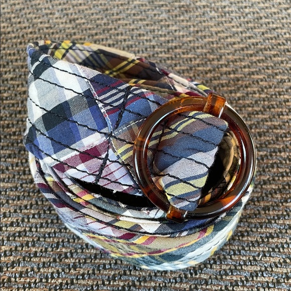 J. Crew Madras Plaid Cotton Belt w/Tortoise Shell Cinch Ring Y2K Vintage M/L - Picture 3 of 6